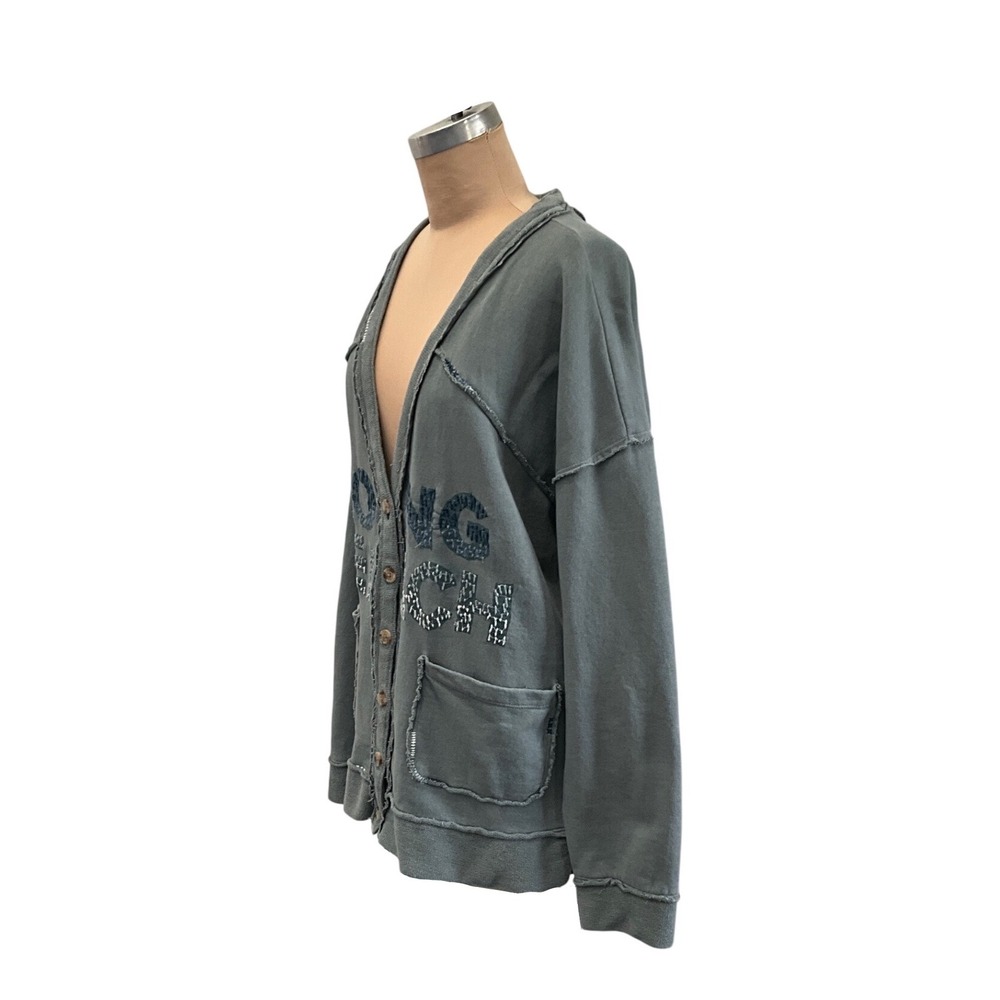 Pilcro Varsity Cardigan Long Beach Graphic Oversized Green Womens Size L Cozy - Picture 5 of 12